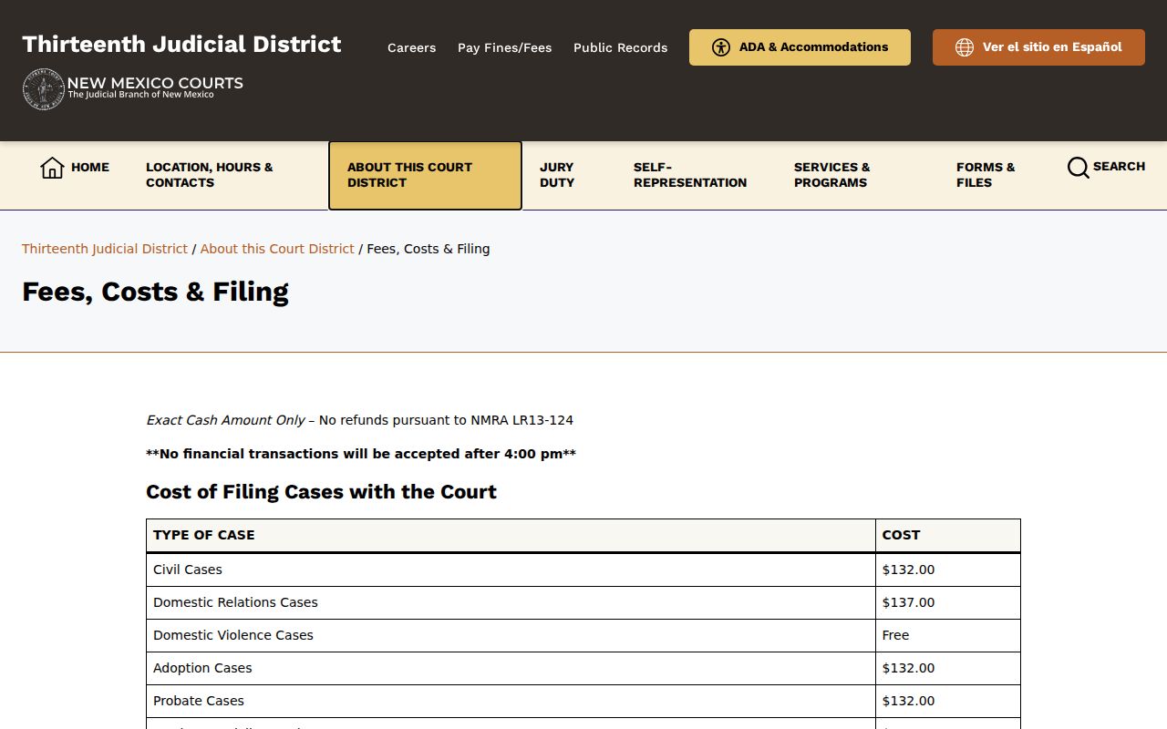 Valencia County civil docket District Court fee and certified-copy schedule