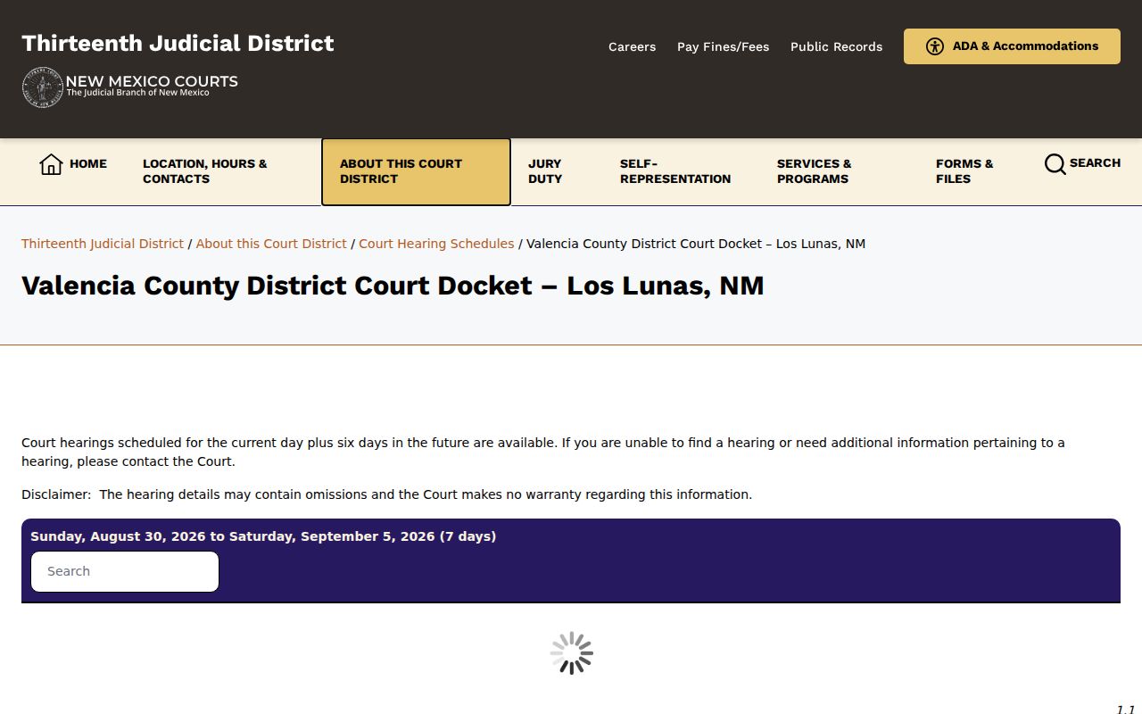 Valencia County court calendar interface for the District Court hearing docket