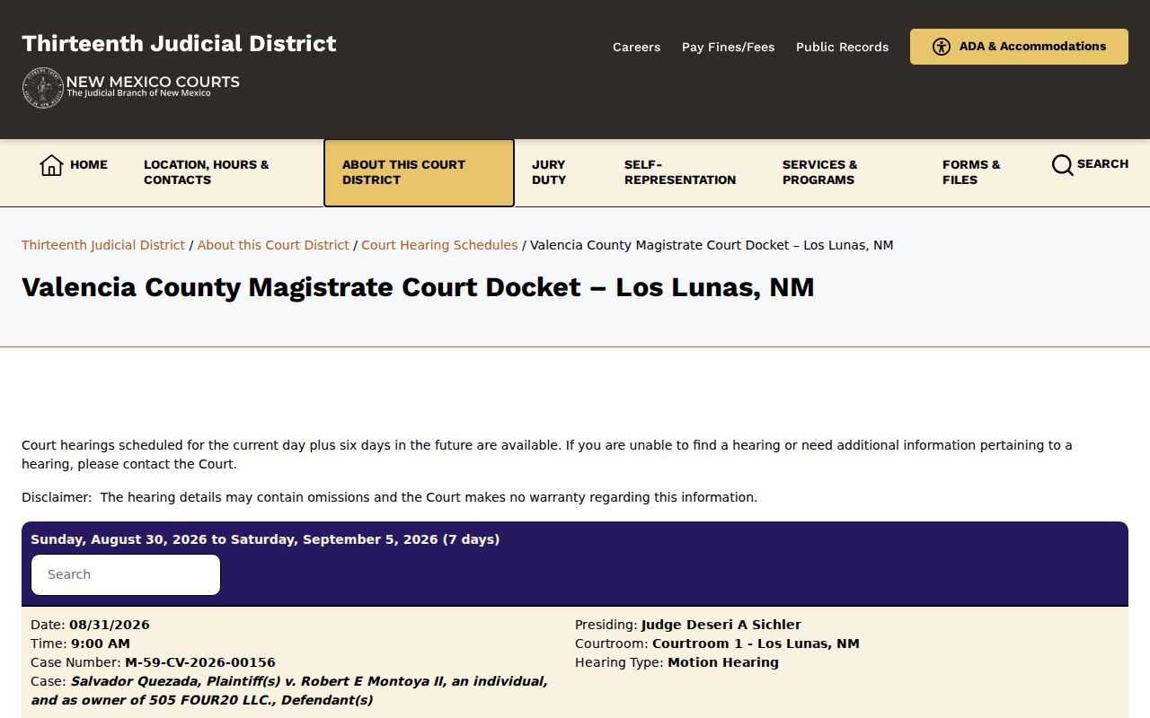 Valencia County court calendar page for Los Lunas Magistrate Court hearings