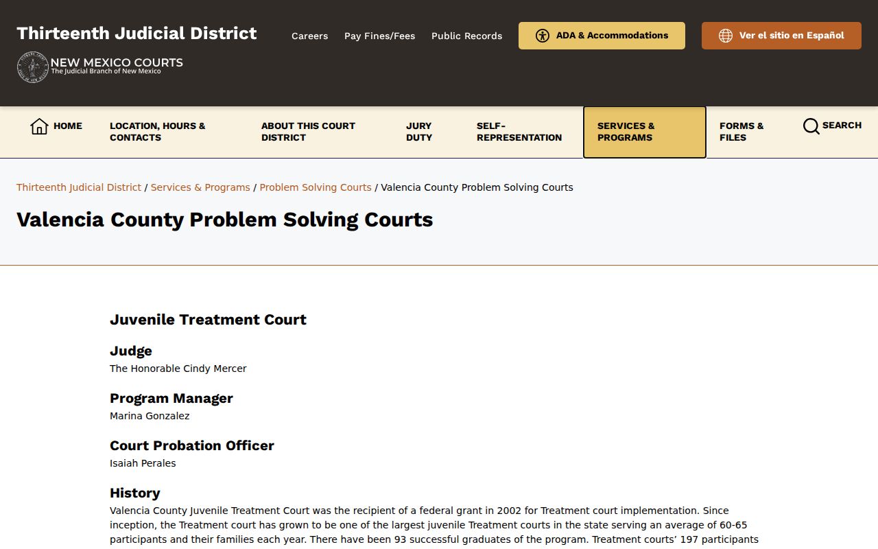 Valencia County court program page for Adult and Juvenile Treatment Court information