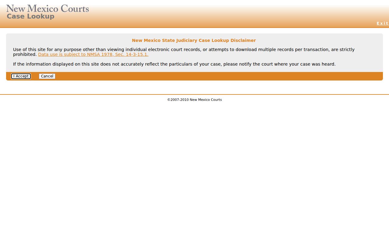 Valencia County criminal docket search entry screen for New Mexico Case Lookup