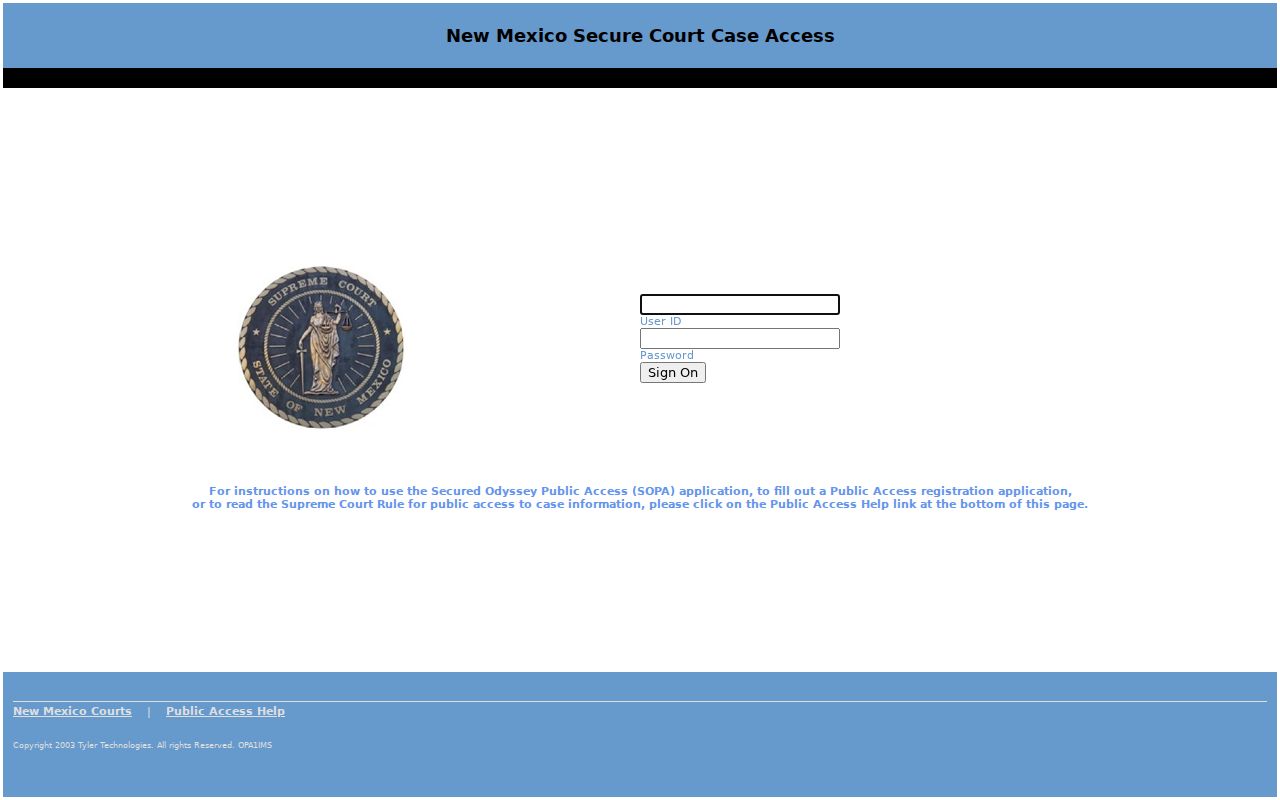 Valencia County criminal docket SOPA access login page